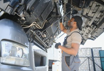 African american Professional Truck Mechanic Rebuilding Heavy Duty Truck Diesel Engine. Automotive Industry Theme.